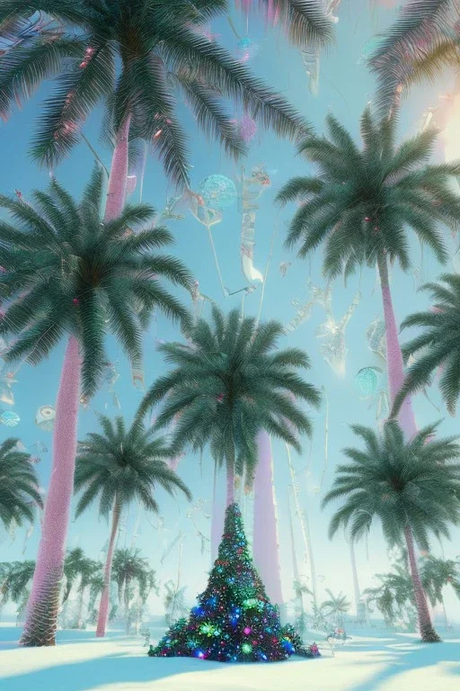 1980's vaporwave aesthetic palm trees in Christmas winter