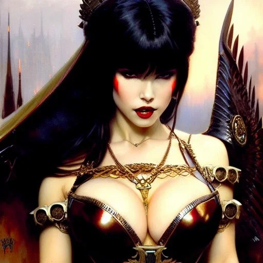 portrait beautiful face Vampirella ,busty,medieval metal armor balanciaga fashion clothe painting by gaston bussiere, greg rutkowski, yoji shinkawa, yoshitaka amano, tsutomu nihei, donato giancola, tim hildebrandt, oil on canvas, cinematic composition, extreme detail,fit full head inside picture