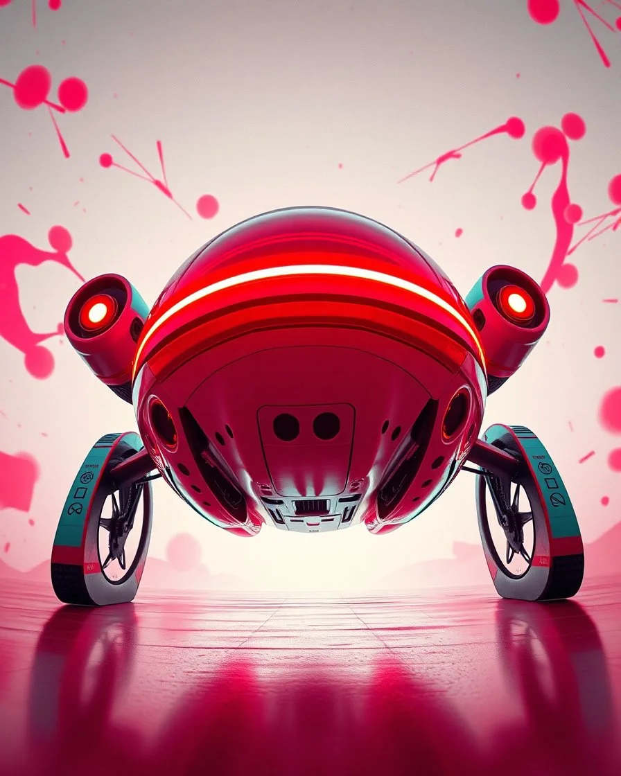 low view angle shot down from upper left front and showing the full vehicle, a RETROFUTURISTIC HOVERING CRAFT OF ALIEN ORIGIN, large close up a beautiful look up modern is decorated with red abstract, all red background, fisheye lense, vray, raytracing