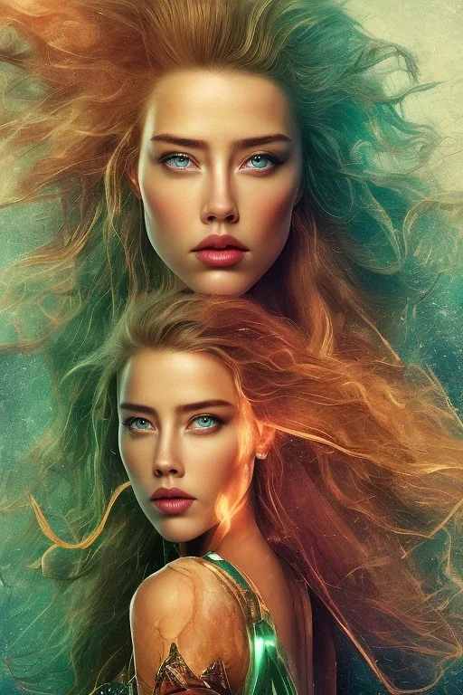 portrait head Amber Heard Aquaman curly red hairs in the green sea