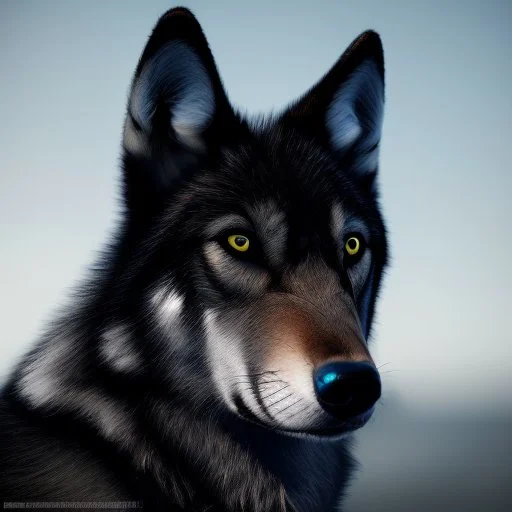 Ultra realistic cg rendering of Jet black wolf with gold eyes