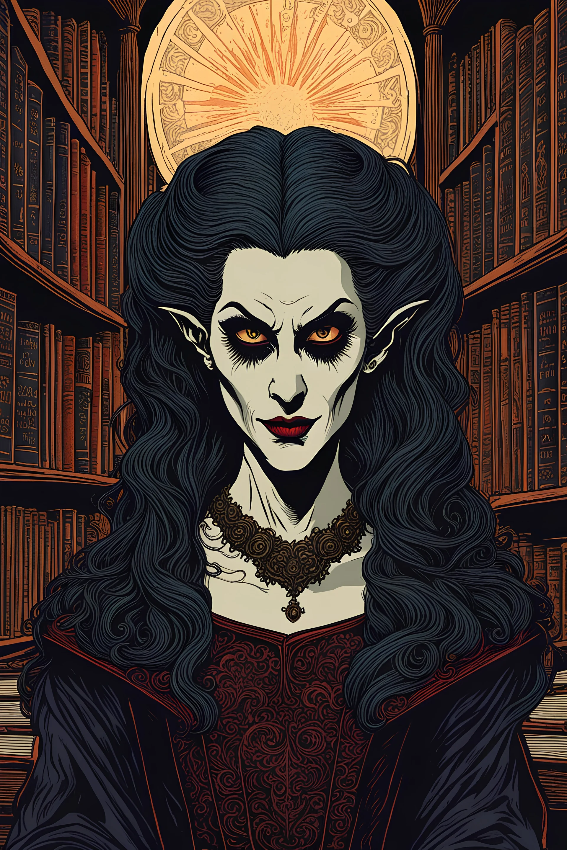 museum quality color woodcut of a scholarly Nosferatu female vampire with highly detailed hair and facial features in a library filled with dusty ancient tomes, in the style of Gustave Baumann, with a fine art , graphic novel aesthetic, highly detailed, finely cut ,8k render,