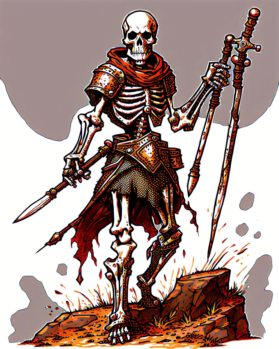 tabletop RPG skeleton warrior with spear and rusted chainmail rpg art no background