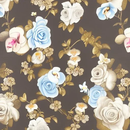 black brown grey cream and gold light blue Roses and orchids by PIERRE JOSEPH REDOUTÉ