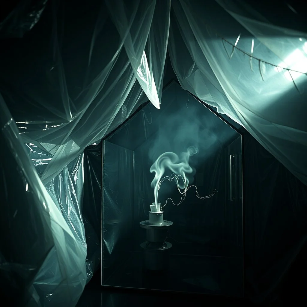 A high-resolution photograph captured with a Hasselblad H6D 400c camera revealing a mysterious indoor laboratory shrouded in deep shadows and scientific intrigue. A translucent plastic tarpaulin drapes gracefully over an angular plexiglass structure, creating ethereal folds and prismatic reflections that catch fragments of dim light, while inside the enclosure a peculiar device releases delicate wisps of vapor that spiral and curl against the transparent walls like ghostly tendrils.