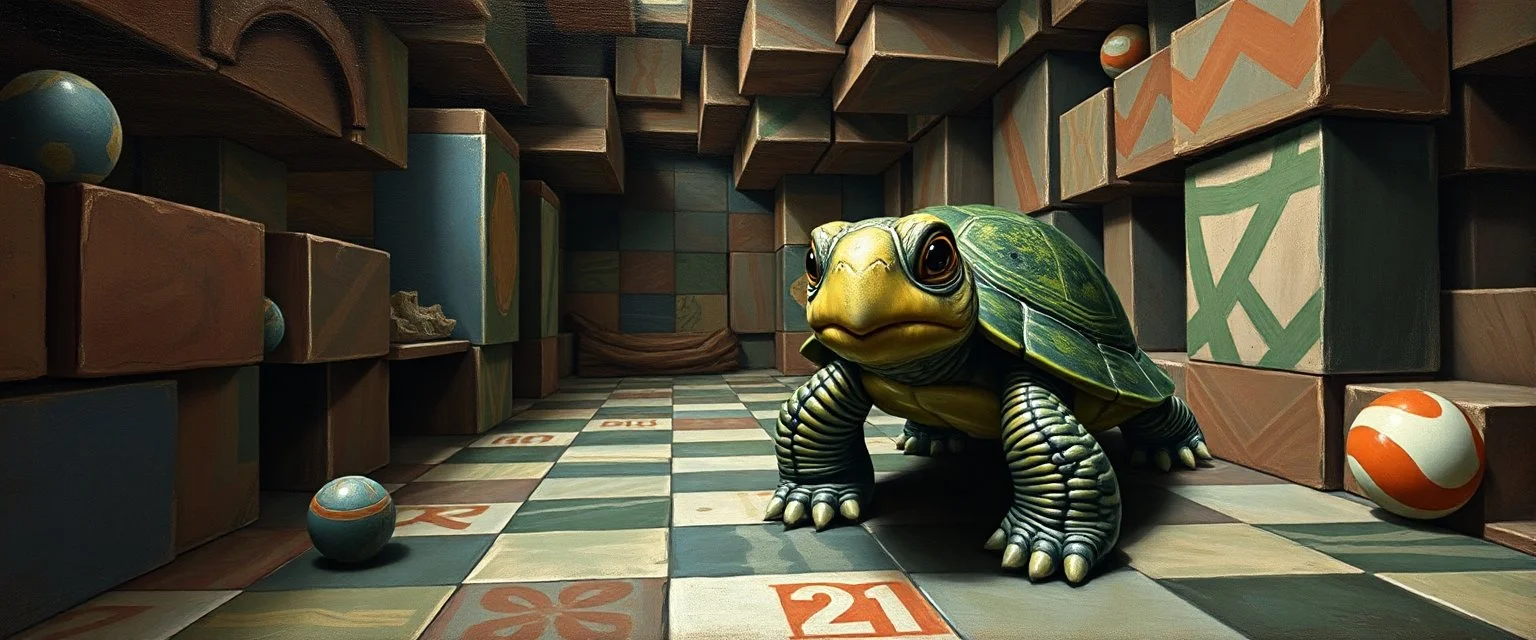 master oil painting by Rembrandt, marble madness turtle character portrait, a living bowling marble halls in a twisted block maze, scenery from the game "marble madness"