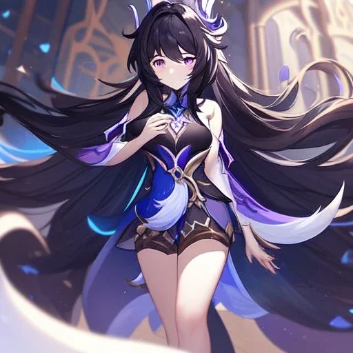 Clear focus,High resolution, black long fluffy hair, long fluffy bangs, purple eyes, wearing a genshin outfit, wearing a short skirt,