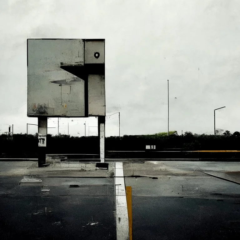 Minimal contemporary abstract oil paintings of desolate 1960s carpark with road markings and concrete fragments. Overlay with grungy typography graphics. style of Justin Mortimer and Francis Bacon.