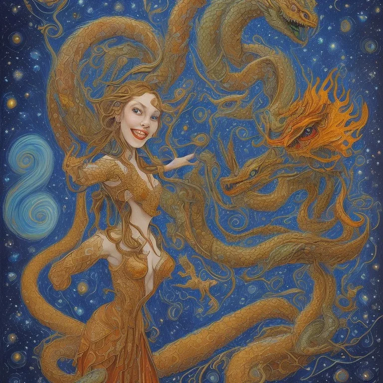 A smiling witch with a beautiful face and full and detailed details performing magic of water, fire, wind and earth with a wooden and crystal wand shining in various colors with a background of large and beautiful dragons flying in an azure sky with A background of a large snake with many heads, in full detail, Ismailoglu, Van Gogh, post-apocalyptic, fantasy, imaginary, 8k, 16k,