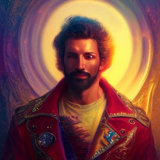 Arthur Kulkov, Russian, circus, ringleader, portrait, handsome, muscular, detailed matte painting, fantastical, intricate detail, 8k resolution, concept art portrait by Greg Rutkowski, mystical colors, Golden hour, colorful galaxy foreground, lisa frank fantasy, neon pastel color palette, beautiful colorful interesting detailed storybook fantasy