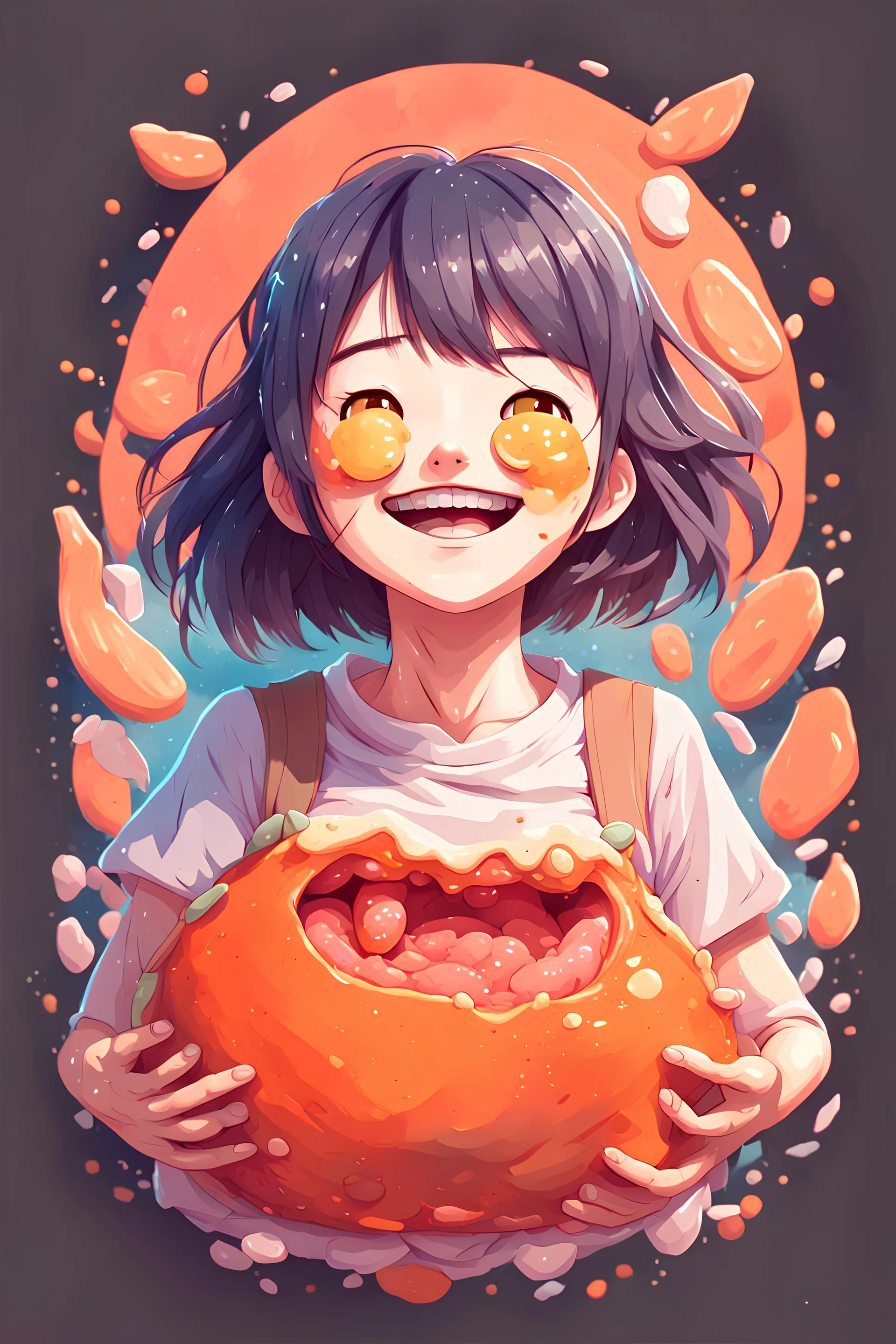 A detailed illustration Anime girl smiling crushed inside really darkorange fleshy stomach filled with digestive juices, t-shirt design, in the style of Studio Ghibli, pastel tetradic colors, 3D vector art, cute and quirky, fantasy art, watercolor effect, bokeh, Adobe Illustrator, hand-drawn, digital painting, low-poly, soft lighting, bird's-eye view, isometric style, retro aesthetic, focused on the character, 4K resolution, photorealistic rendering, using Cinema 4D, vector logo, vector art,