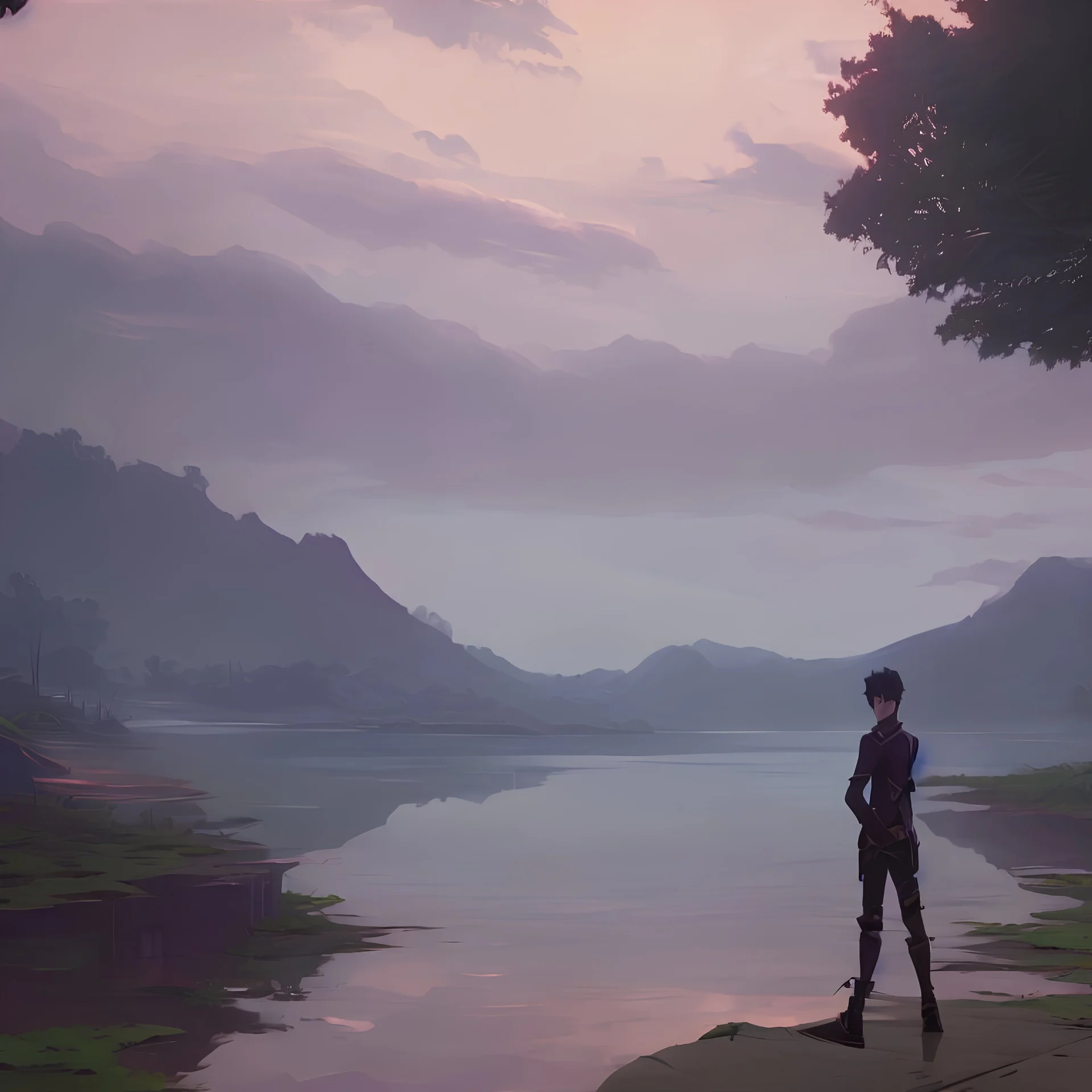 In the anime, a young male character is near the green lake in the sunset afternoon.