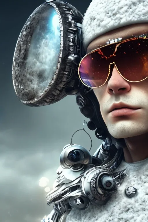 Snow man like a cyborg,with sunglasses,portrait,detail,textures,cinematic