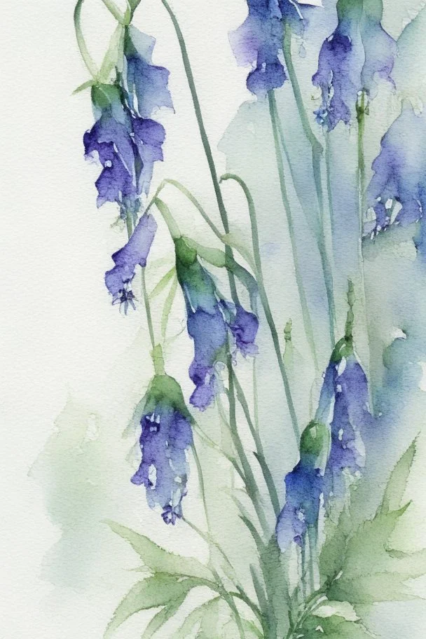 wet watercolour, blue green grey stalks delphiniums,
