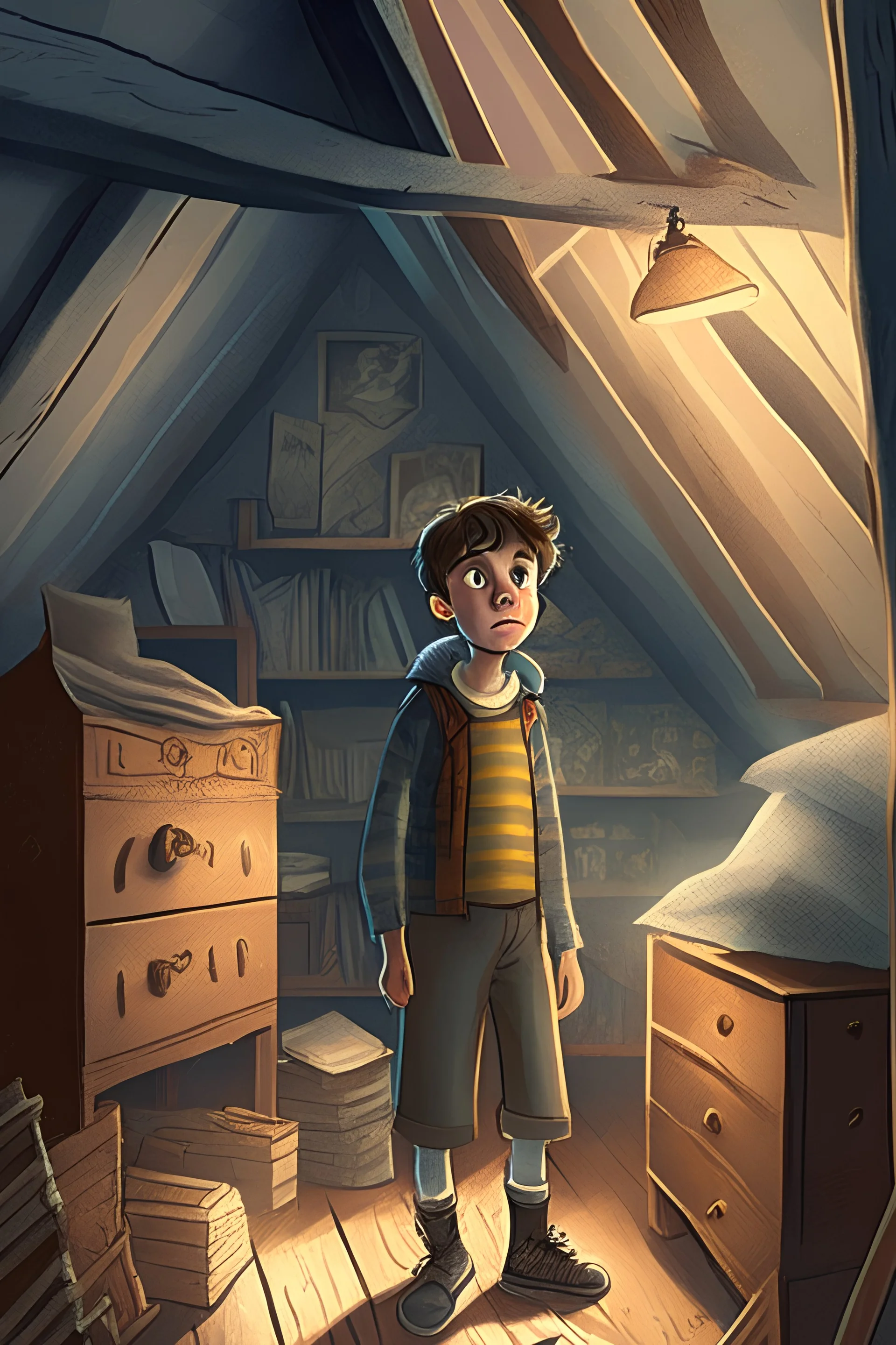 Max, a 12-year old boy, exploring his grandfather's attic, illustration for children