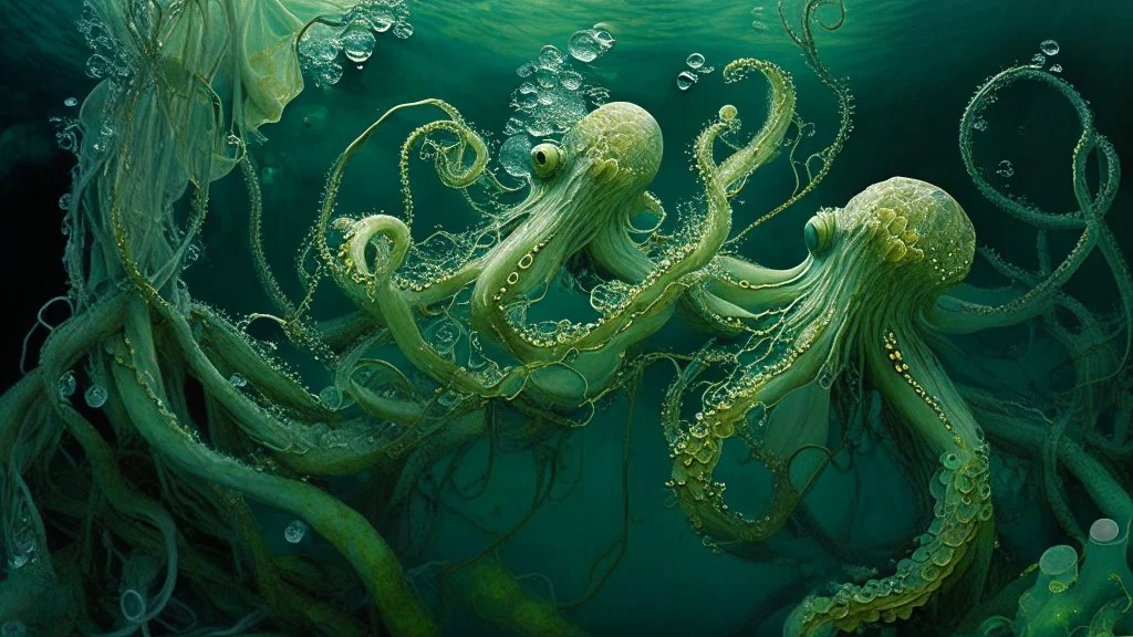 Underwater octopuses, algae and muses dance tangled to the beat of the tide