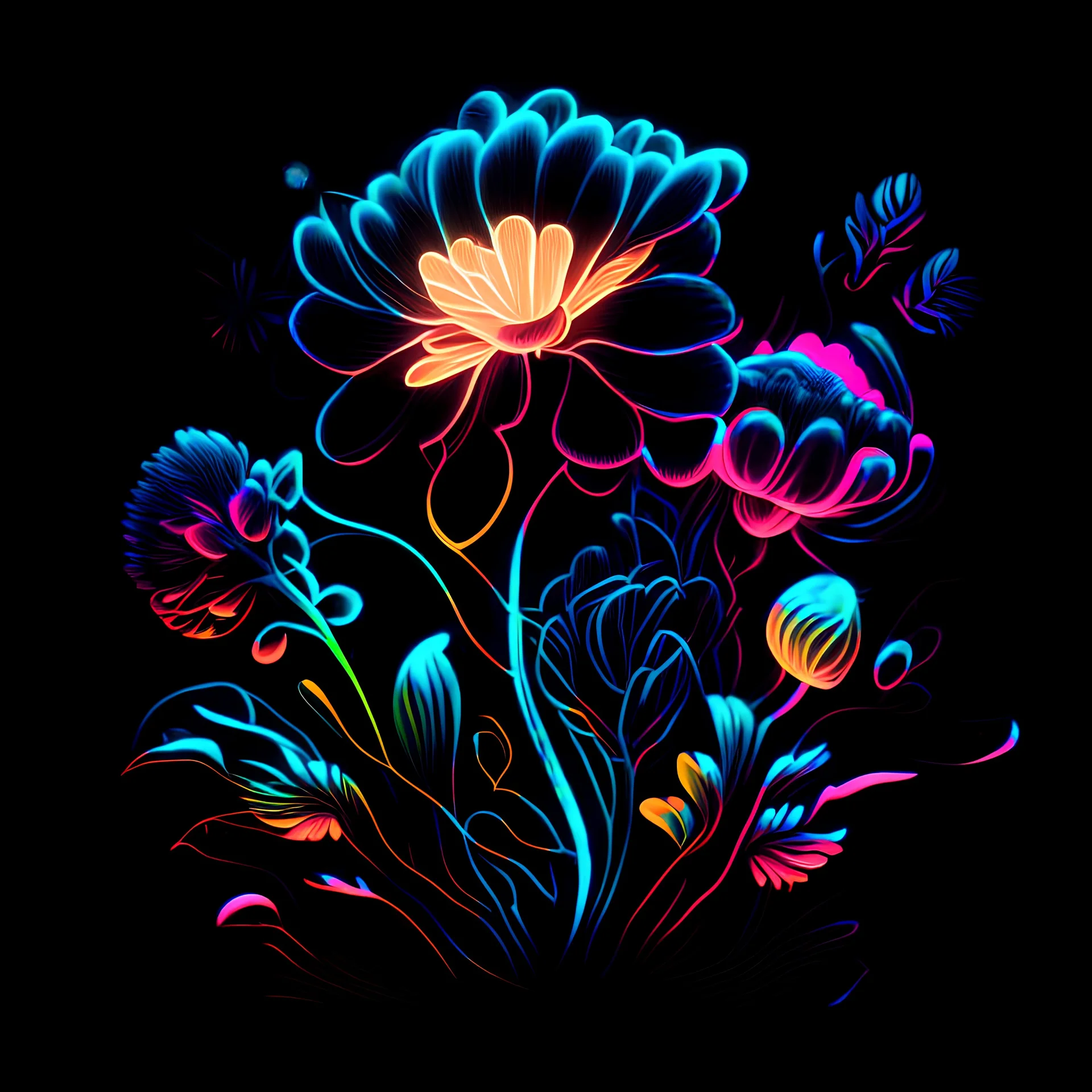 Stunning illustration of flowers, glowing in the dark with sweetcolor neon light, centered on a black background, in the style of pop surrealist artist, fine art, illustration