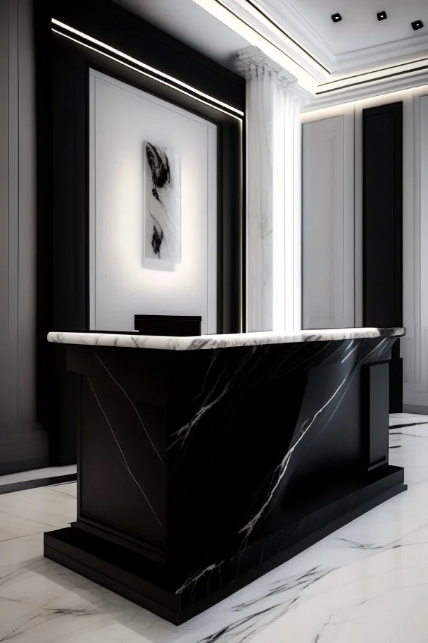 Museum reception desk with black walls, white floor, hidden or rich lighting, and the use of marble in the design