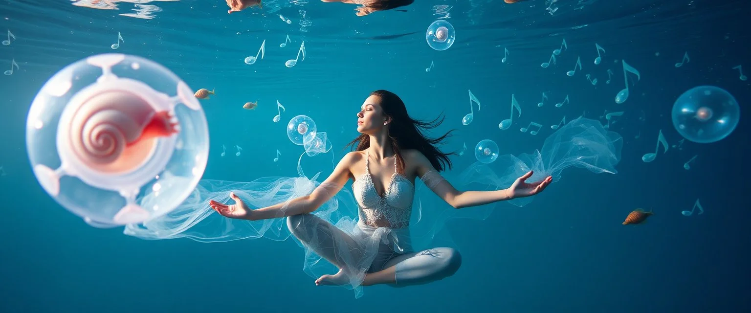 eskimo yoga mind bending bubble gum as a young woman floating transparent music notes in the weirder universe in the ocean with the snail fish
