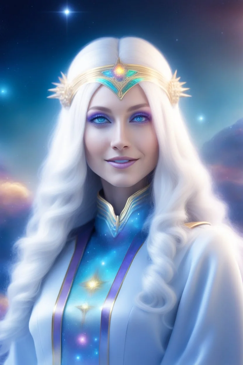 cosmic woman ,beautiful ufos rainbow, admiral from the future, galactic confédération, fine whole face, crystalline skin, expressive purple eyes,rainbow, smiling lips, very nice smile, costume pleiadian, Beautiful tall woman pleiadian Galactic commander, ship, perfect datailed golden galactic suit, high rank, long blond hair, hand whit five perfect detailed finger, amazing big puple eyes, mouth, high définition lips, cosmic happiness, bright colors,smile