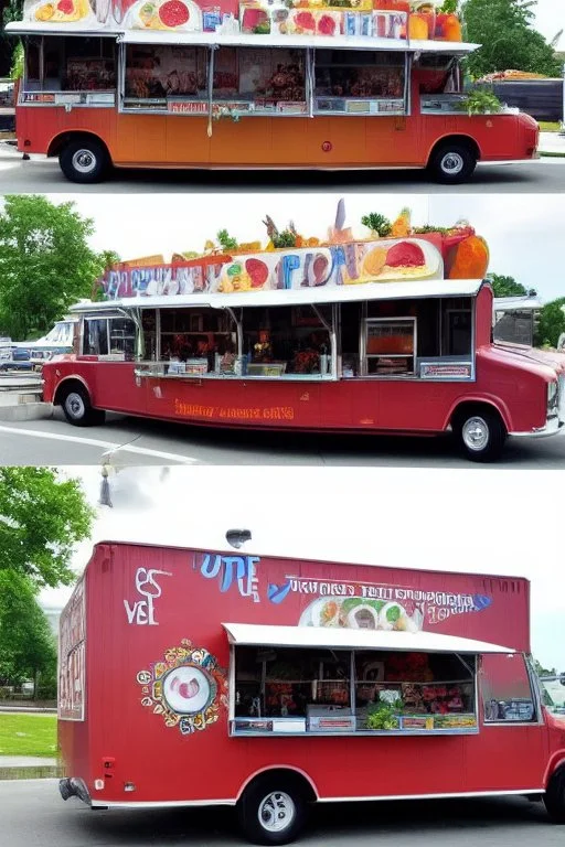 awesome looking food truck with many people lined up . Show the food truck fleet in the background.