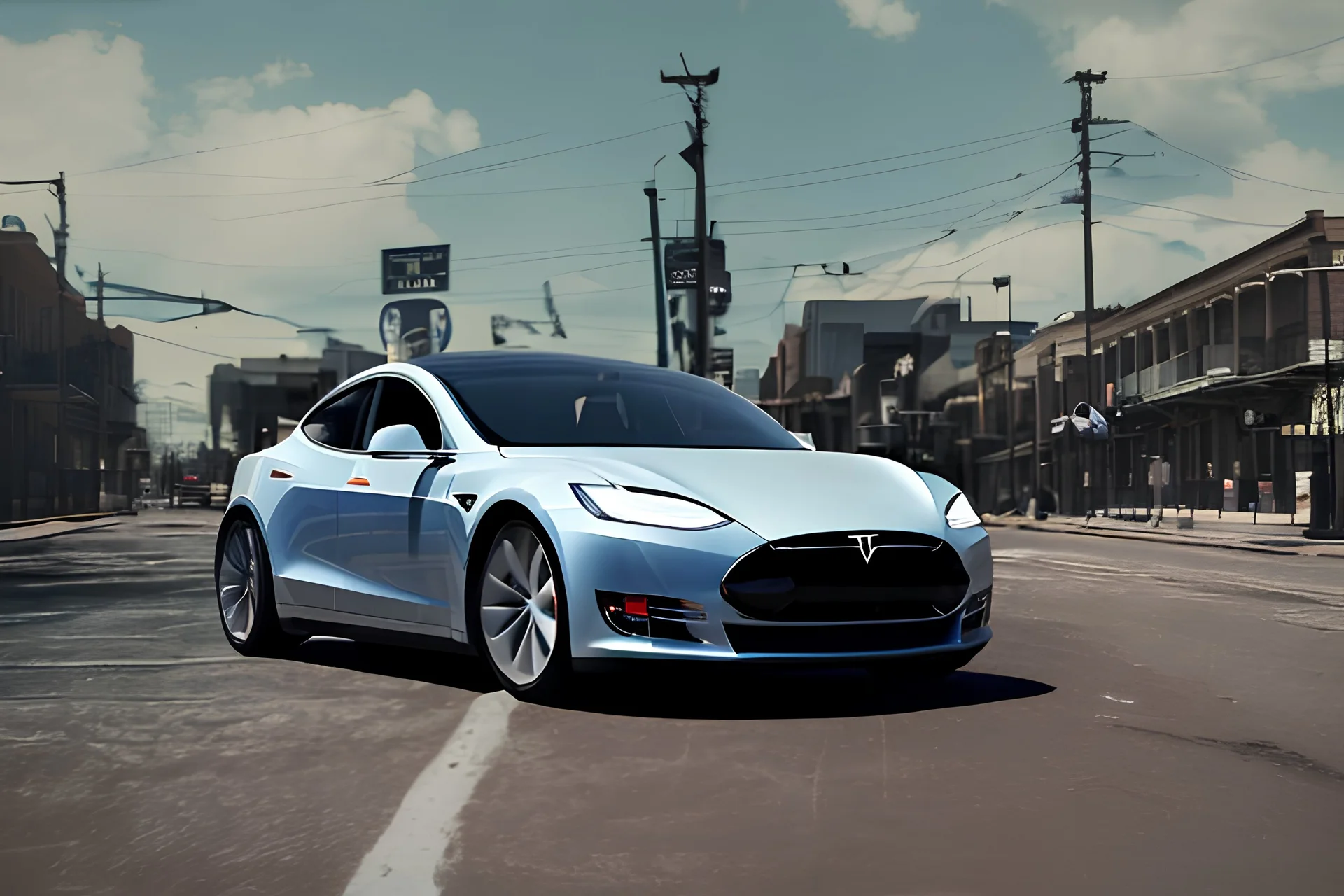 A Tesla 'Model S' is drifting at high speeds, on the streets of New Orleans. (CINEMATIC, WIDE ANGLE LENS, PHOTO REAL)