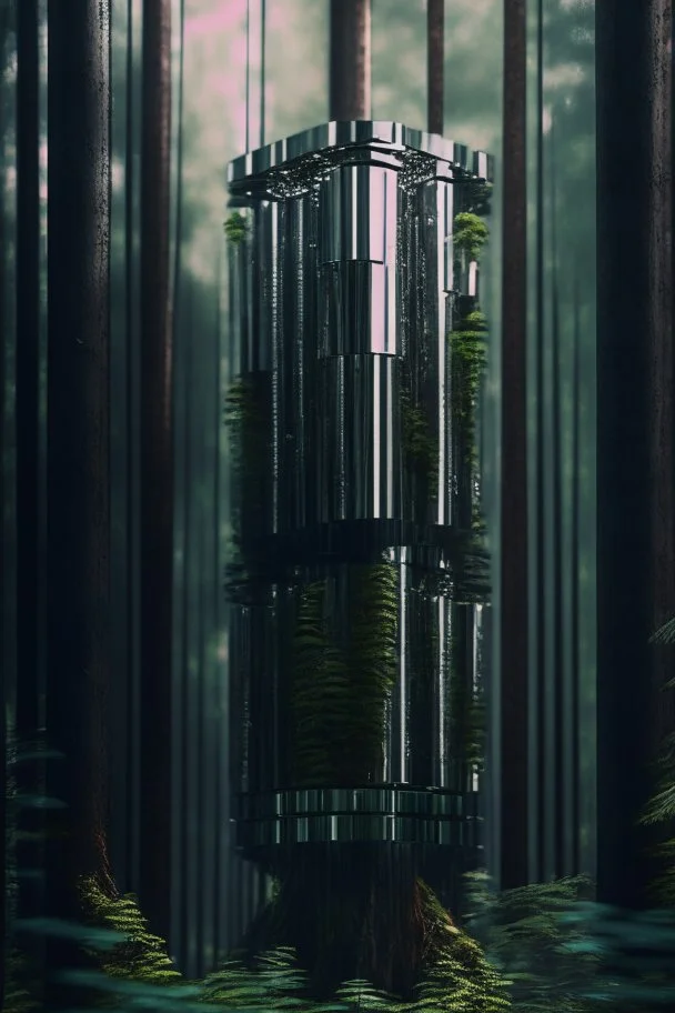 chrome tower in forest, 4 k, trending art, depth of field, high detail, high contrast