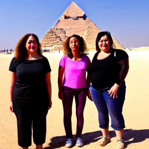 portrait of women in front of great pyramids