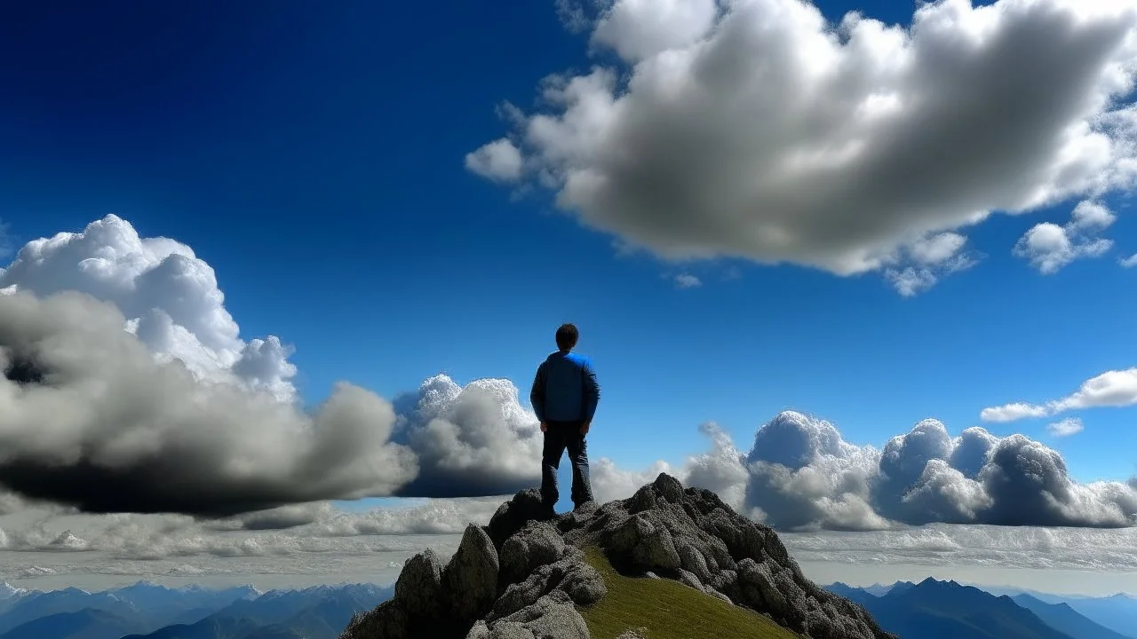 Moreschi stands with his back on a mountaintop and the sky is blue and filled with clouds