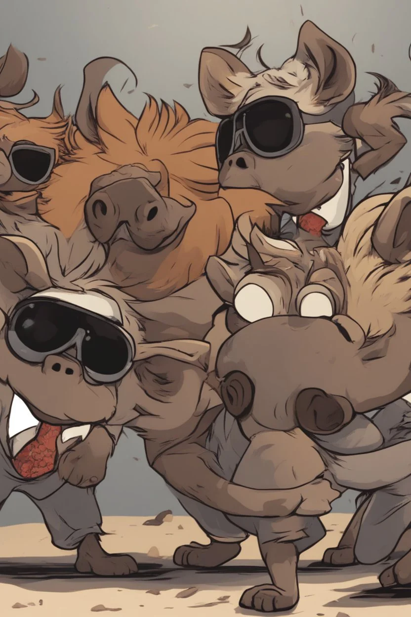 Close-up animation of a mischievous group of wild warthogs wearing sunglasses and attempting to breakdance in a comical fashion.