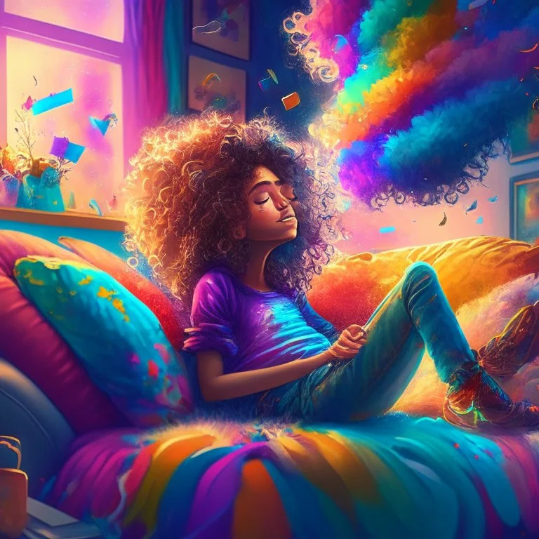 A beautiful girl with curly hair is sitting on the sofa in her room and her beautiful and colorful dreams are flying around the room. A room full of joy and passion and color, digital art, 4k, full details, high resolution