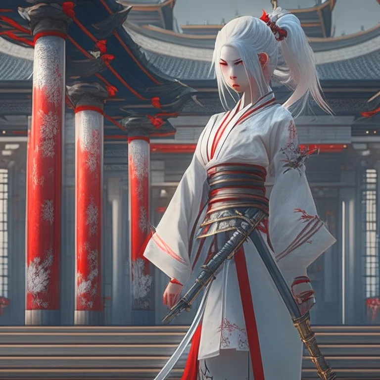 UHD, hd, 8k, hyperrealism, Very detailed, zoomed out view, full character in view, white hair female demon character wearing a hanbok with a white top and long red bottom, she holds a katana in her right hand, she stands in front of a Japanese style palace digital art, anime, full details