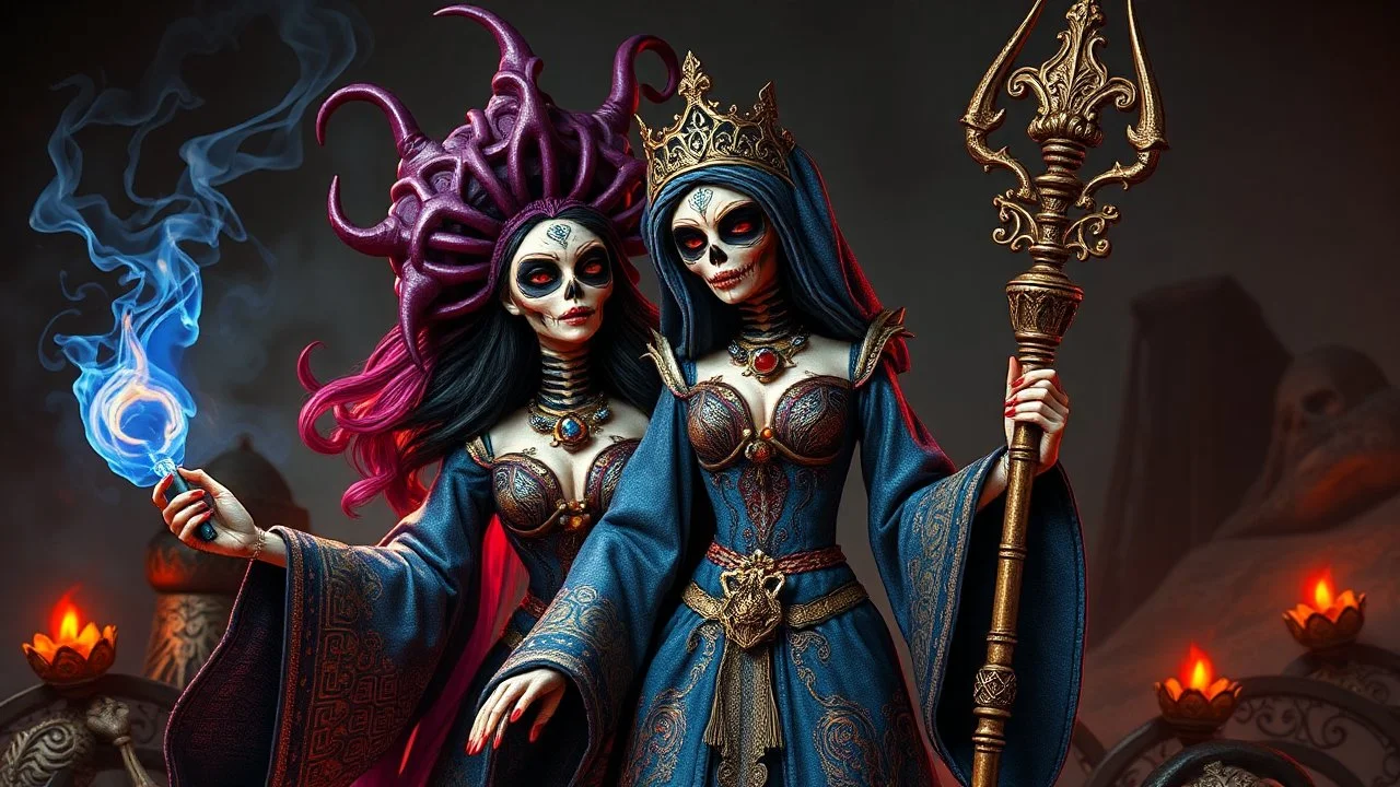 Island of the Dead Dolls as a sorceress, passionate, seductive, sweaty, intricate dressed in ornate blue robes and a staff, crazy, intricate,