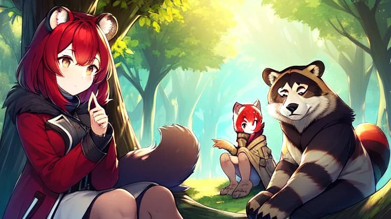 Two Girls, red hair, raccoon ears, raccoon tail, raccoon face, forest, sit on tree, raccoon paws on hand, paws on foot, coat on neck