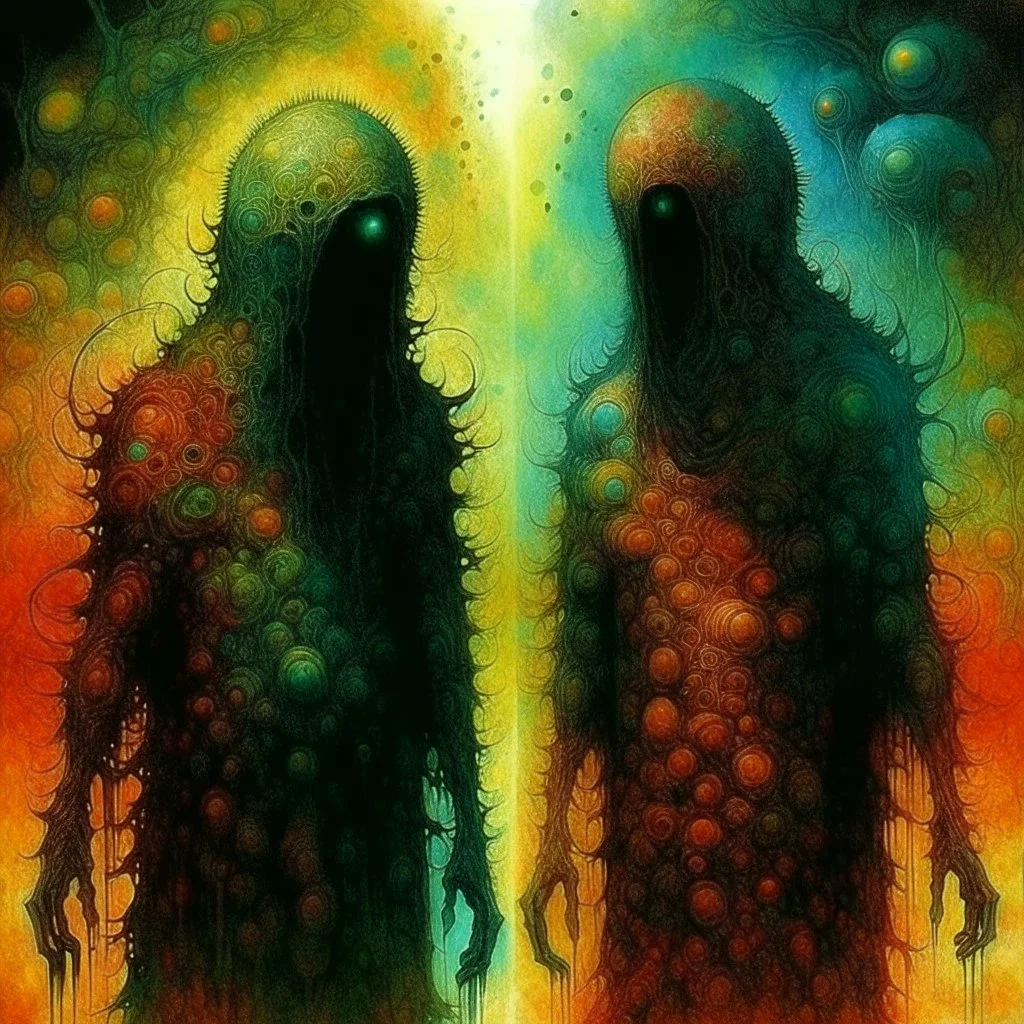 colorful eldritch reflections on horror, Surreal horror, style by Duy Hunyh and Zdzislaw Beksinski and Victor Pasmore and Ben Goossens, deep-seeded fear of the dark, unsettling, sinister abstraction, watercolor and ink, pointillism