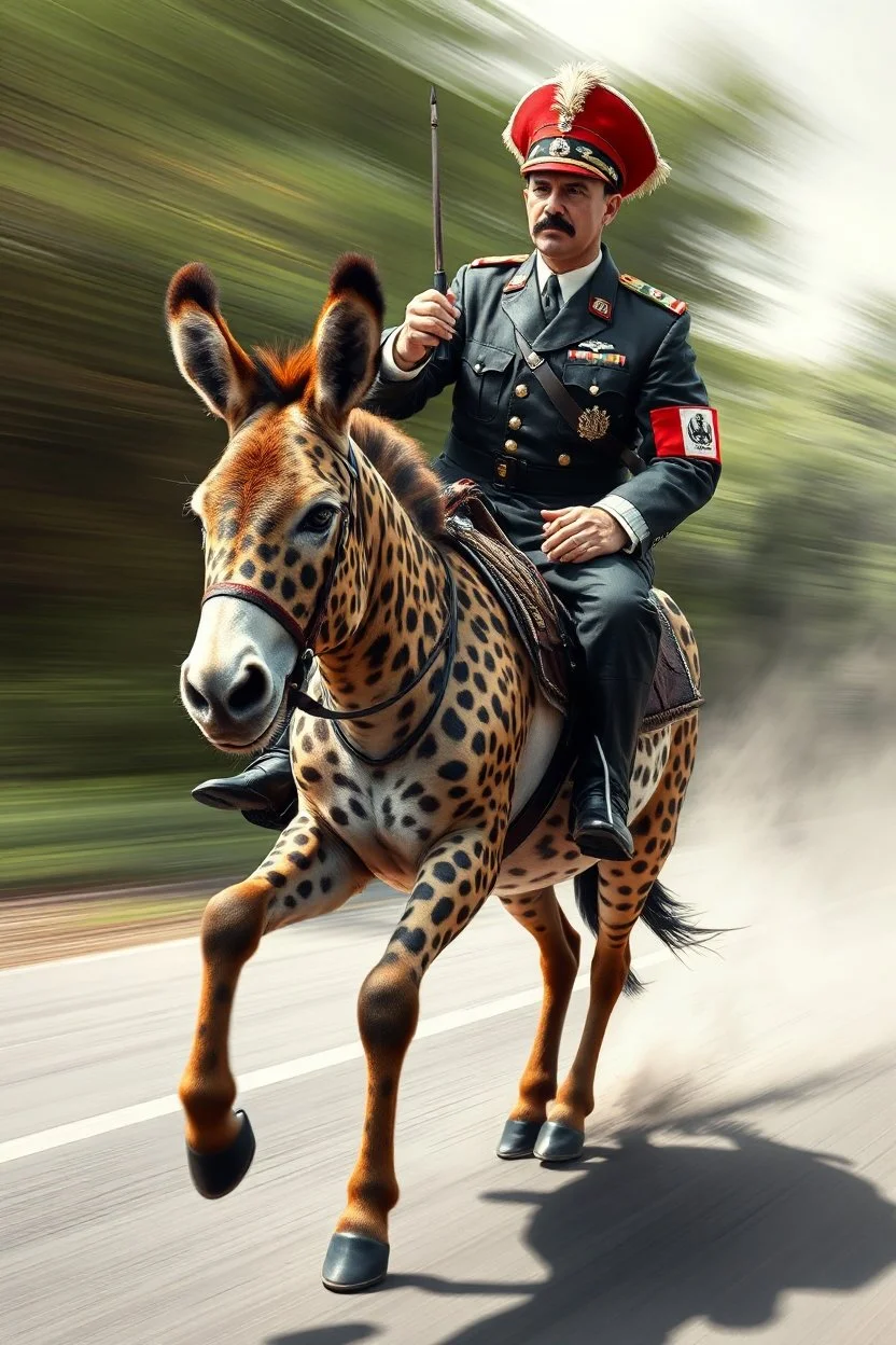 mexican general Hitler on fast cheetah donkey, airbrush and pen outline, motion blurred background