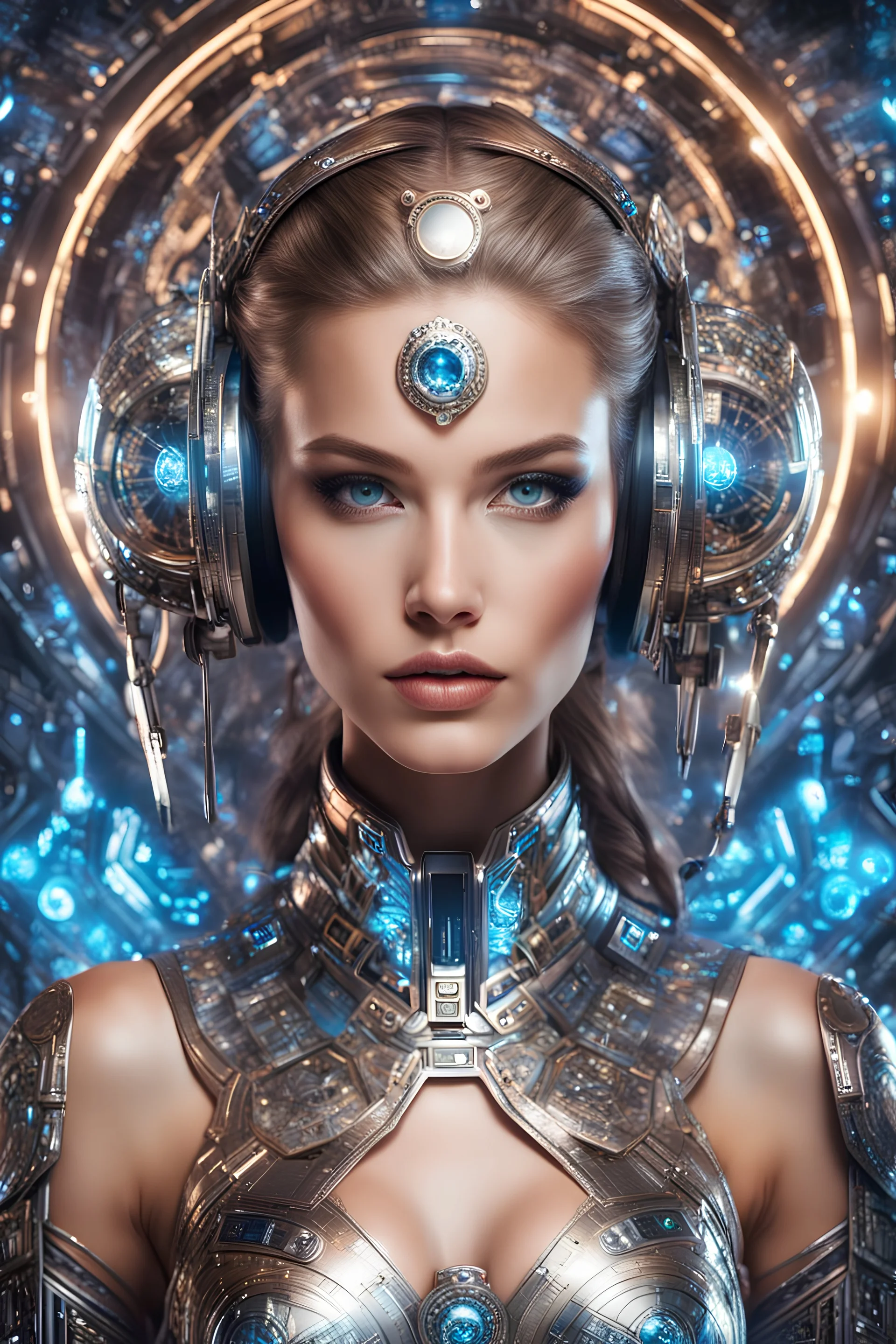 Halfbody photography front view of super model Russian beautiful woman as dj player,headphones ,dressing mech in transformative style, his metallic skin gleaming with intricate textures and intricate details, captured in an ultra-realistic style that blurs the lines between reality and imagination,cosmic spaceship background