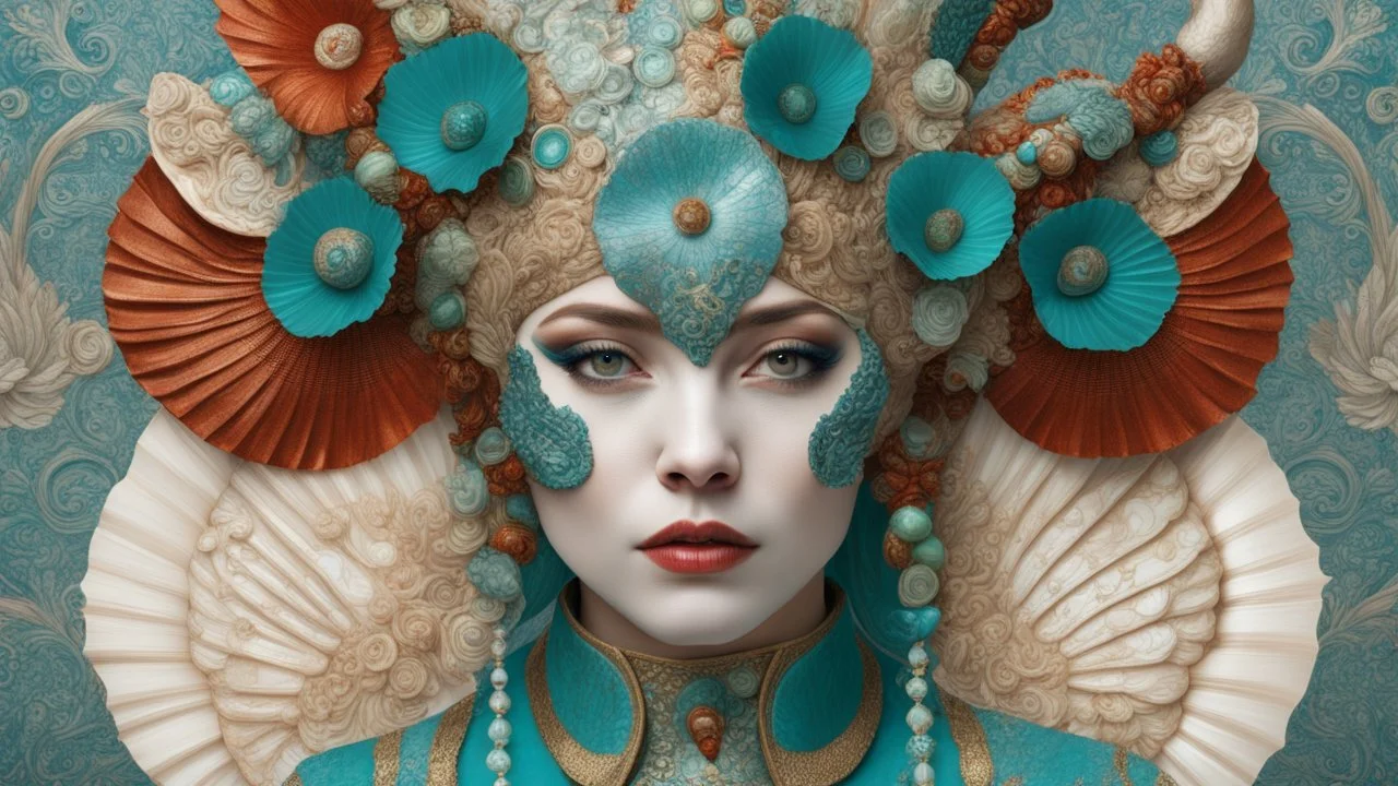 Beautiful woman portrait, adorned with m white blue and turquoise metallic filigree floral embossed and jade and malachite ribbed mineral stone colours and beige eggshell ocous and sea horse colour and brown and coralls red mollusk shell headdress, venetian style mollusk shell face masque and wearing sea costume armour ribbed with irridescent bioluminescense Golden dust and mollusk shell ribbed costume organic bio spinal ribbed detail of full extremely detailed hyperre
