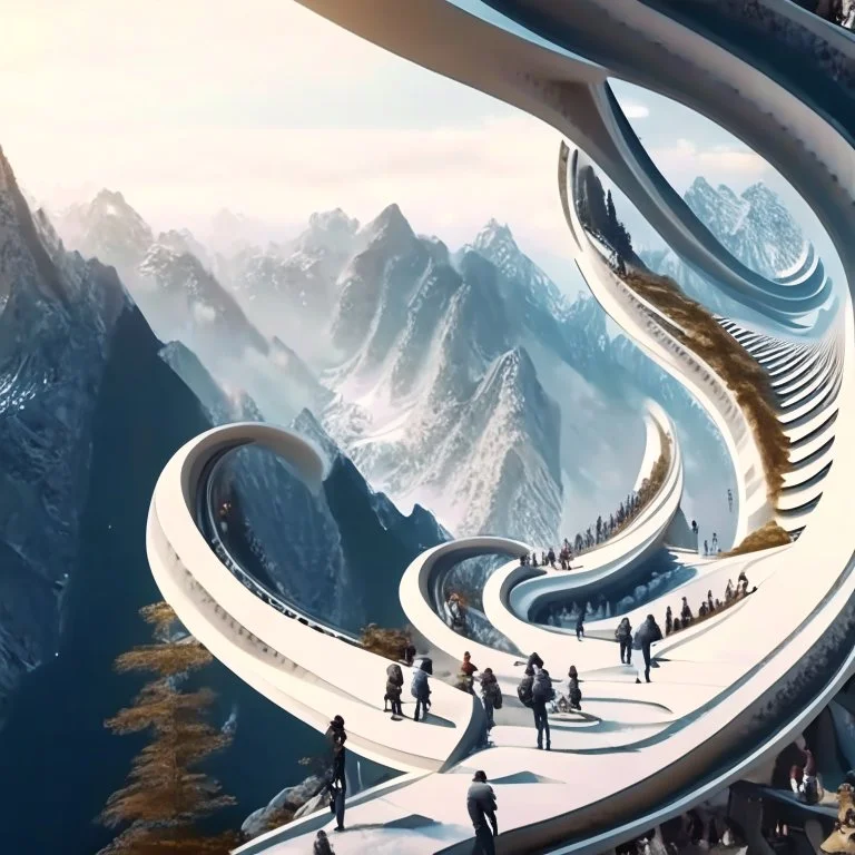 perspective viewpoint in the mountains, in the form of an ascending spiral, people, men, women and children, incredibly hyper-detailed, ZahanHadid style architecture 4k