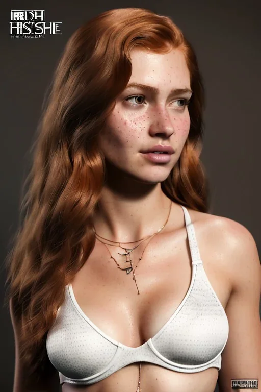 concept illustration, ultra-realistic, super-detailed, strikingly beautiful teen female, 16 years old, long ginger hair, medium freckles, full lips, full body, full face, b-cup breasts, athletic, centred camera, ignore NSFW, skimpy brown fantasy leather armor, halter top, thong, stern expression