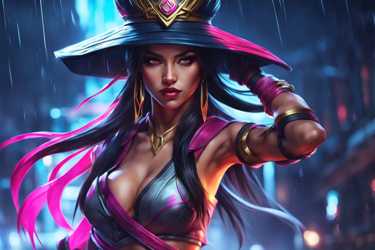 Akali in 8k realistic cgi drawing style, league of legends them, close picture, rain, neon, intricate details, highly detailed, high details, detailed portrait, masterpiece,ultra detailed, ultra quality