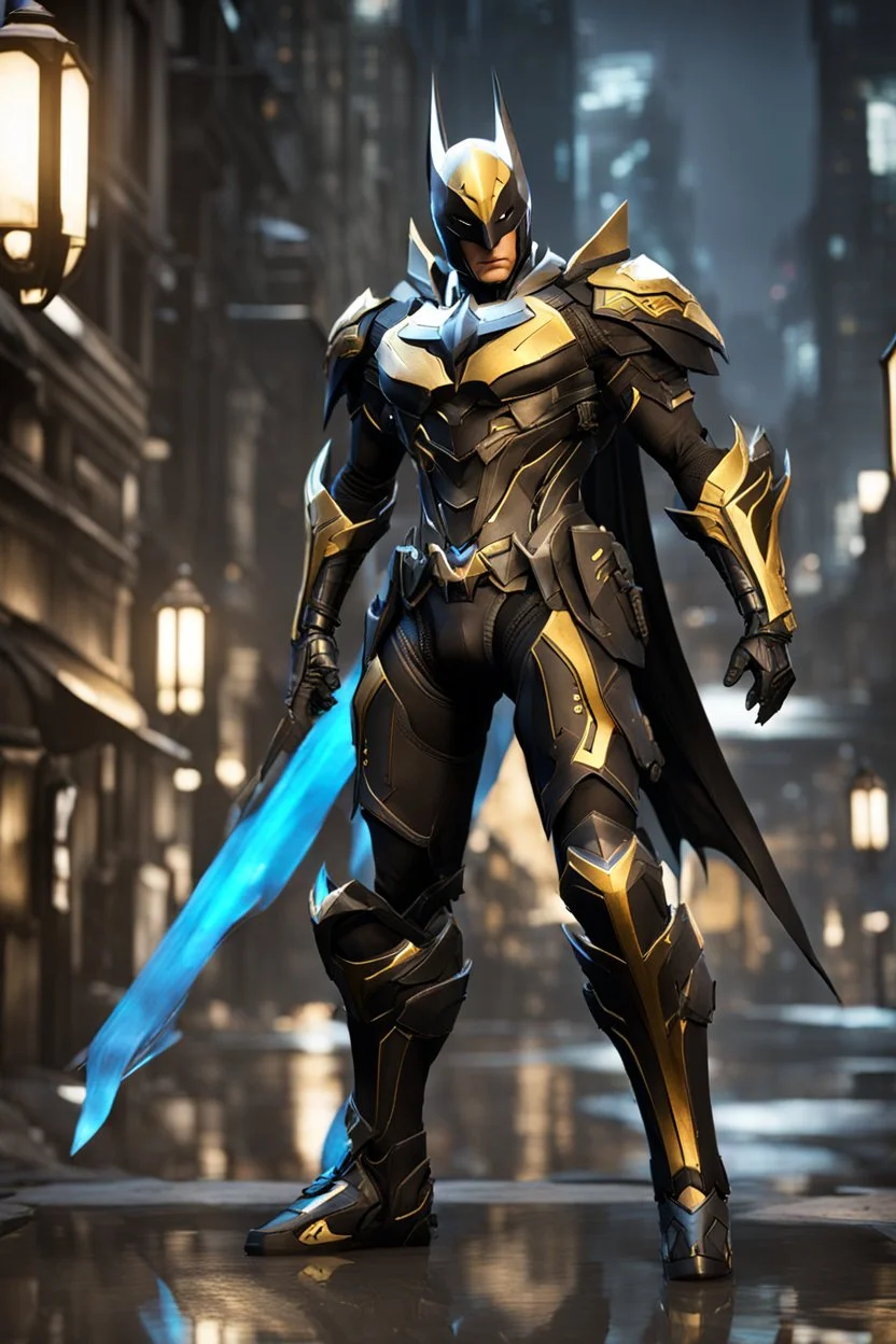 Full body Batman ultra advanced warframe with the whole and full body full armor with ultra sophisticated machine compagnon ultra high resolution and details,walk in street city bussy