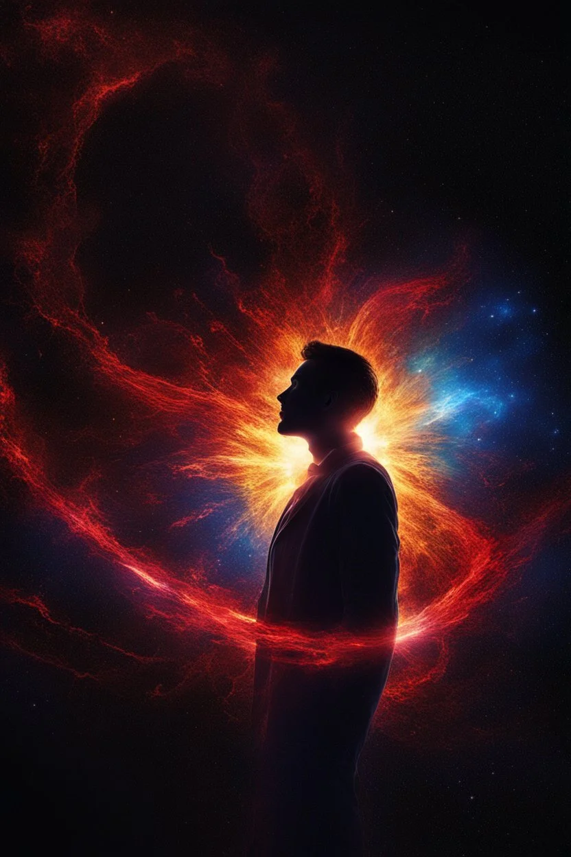 A spectacularly igniting supernova shines brightly amidst the darkness of space, captivatingly watched by an enigmatic man. The explosion of colors and light creates a mesmerizing display in the image, which is most likely a breathtaking digital artwork. The vivid explosion painted in vivid shades of crimson, gold, and electric blue, beautifully contrasts against the woman's shadowed figure, adding a sense of mystery and wonder to the scene. The clarity and detail in this visually stunning com