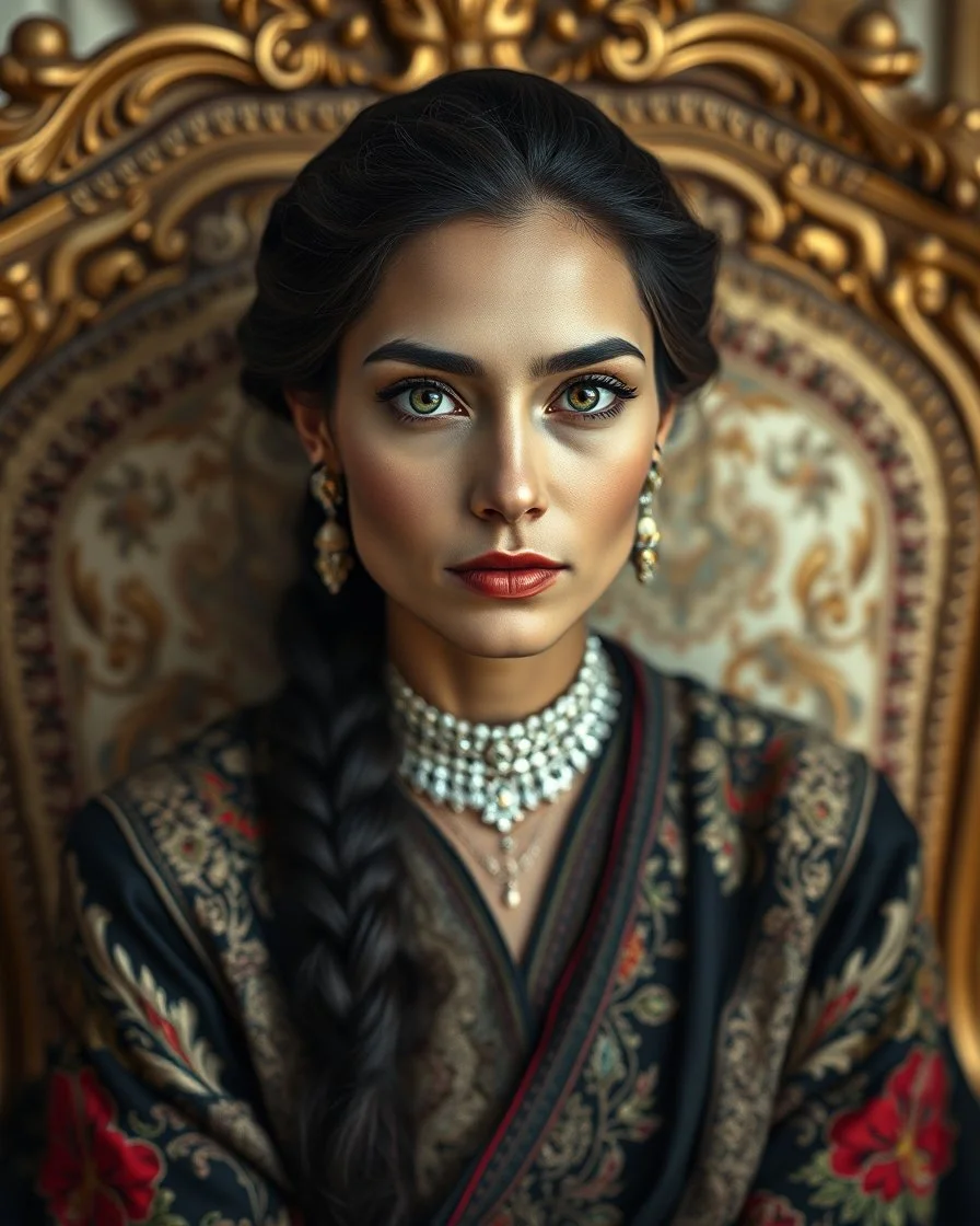 A stunning Indian woman with porcelain skin, high cheekbones, and piercing green eyes, dressed in a traditional embroidered sarafan, sits regally in a lavish, ornate chair, surrounded by opulent fabrics and gold accents, as if plucked from a 19th-century Russian aristocratic portrait, rendered in exquisite hyper-realistic detail, with the rich textures and subtle play of light and shadow characteristic of a masterful oil painting, reminiscent of the works of Ivan Kramskoi, Zinaida Serebriakova