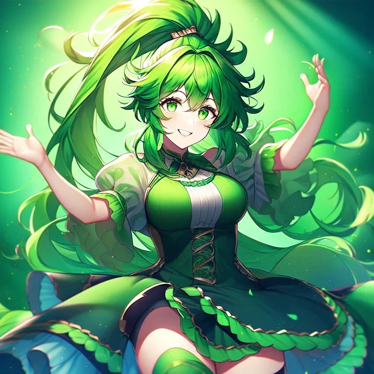 girl, masterpiece, best quality, volumetric lighting, detailed outfit, perfect eyes, long hair, green hair, green eyes, beautiful lighting, vibrant colors, smiling, thigh highs, ponytail, messy hair, dress,