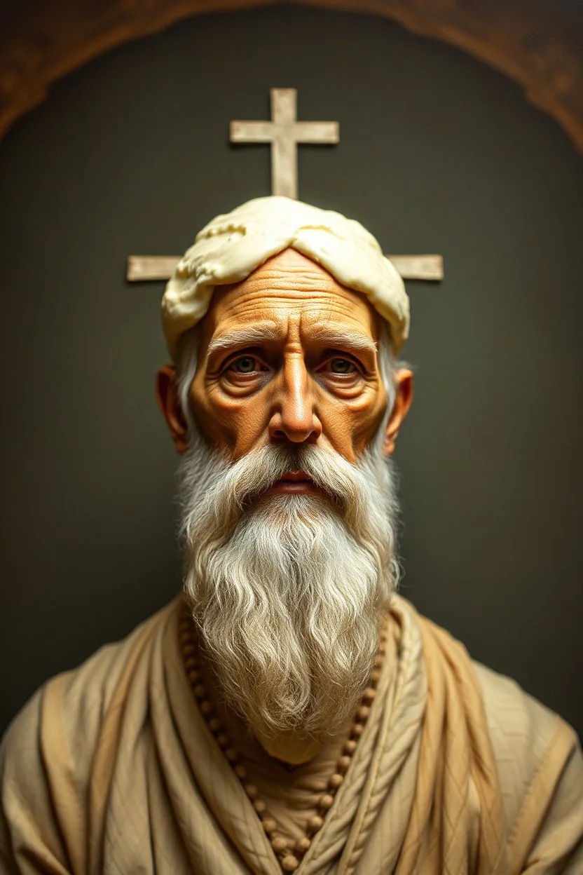 pin hole cam, master oil painting by Rembrandt, realistic rendering Portrait of the Apkallu sage who were sent by the god Ea to teach civilization to humanity before the flood. Ice cream in the shape of Jesus