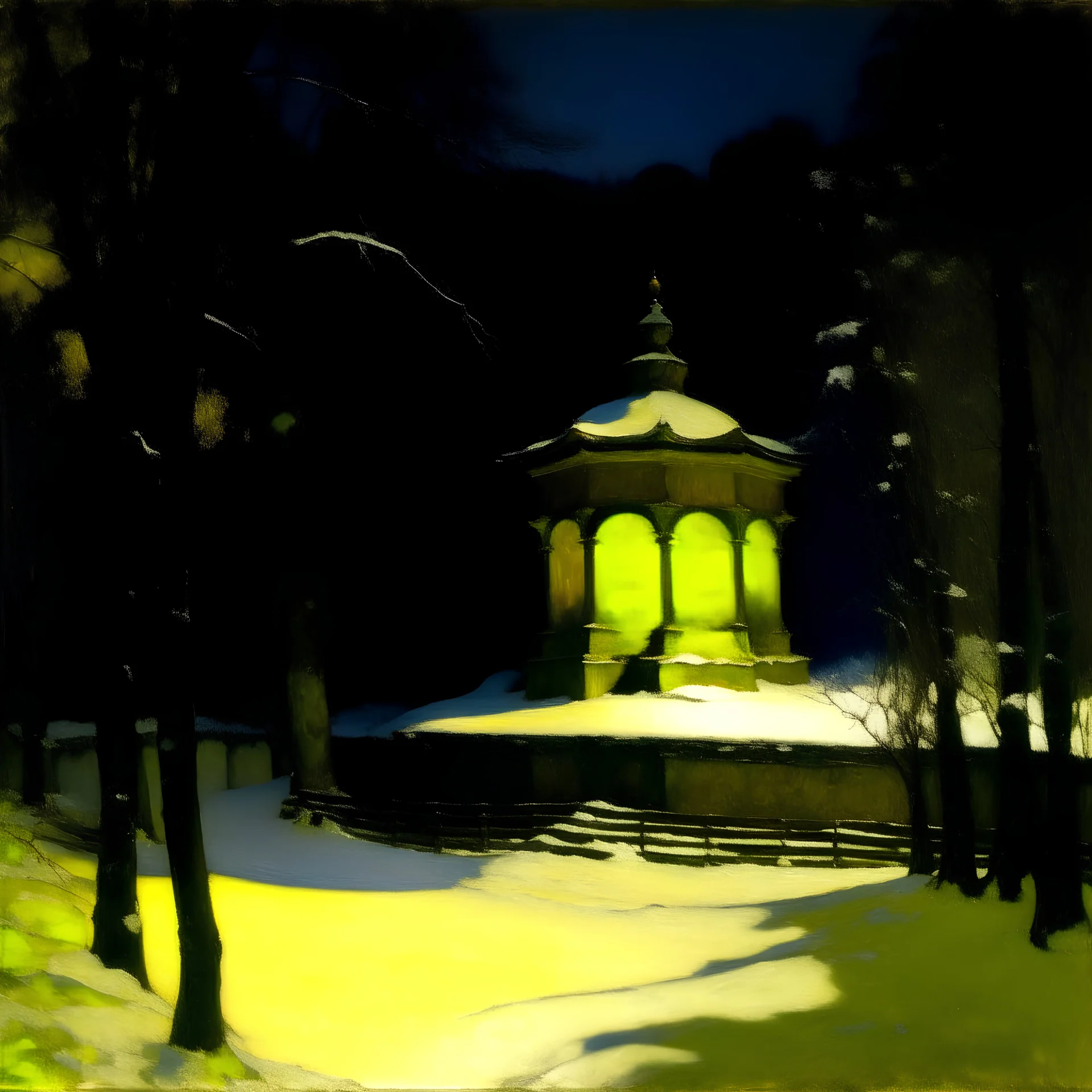 A temple at nighttime covered in snow painted by Edgar Degas