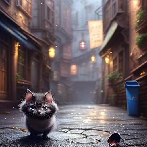 pixar style, volumetric Dirty back alley with metal garbage can environment and background, realistic painting of a cute Munchkin black kitten on the ground, looking excited, detailed digital painting, extreme dense and fine fur, anime, ornate, colour-washed colors, elegant, small minutiae, particulars, centered, smooth, sharp focus, renderman gofur render, 8k, uhd, detailed eyes, realistic shaded volumetric lighting, sunlight caustics, backlight, centered camera view