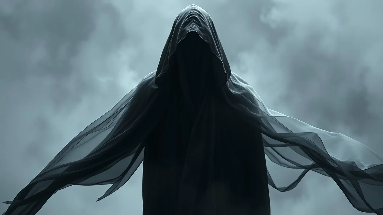 In a mesmerizing and ethereal manner, an otherworldly being emerges in the form of a translucent grey hood ghost. flowing smoky black robes. Forward facing