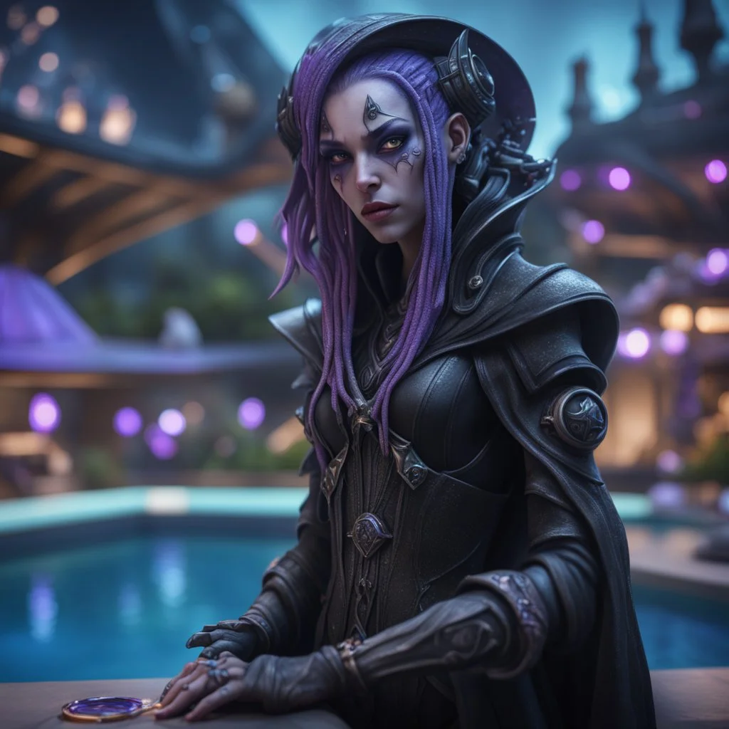 pen outline, layered, portrait of dark space punk illithid witch hunter with strong gaze, by the pool, pool contains floating turtle tank star ship of extreme complexity and beauty,bokeh like f/0.8, tilt-shift lens 8k, high detail, smooth render, down-light, unreal engine